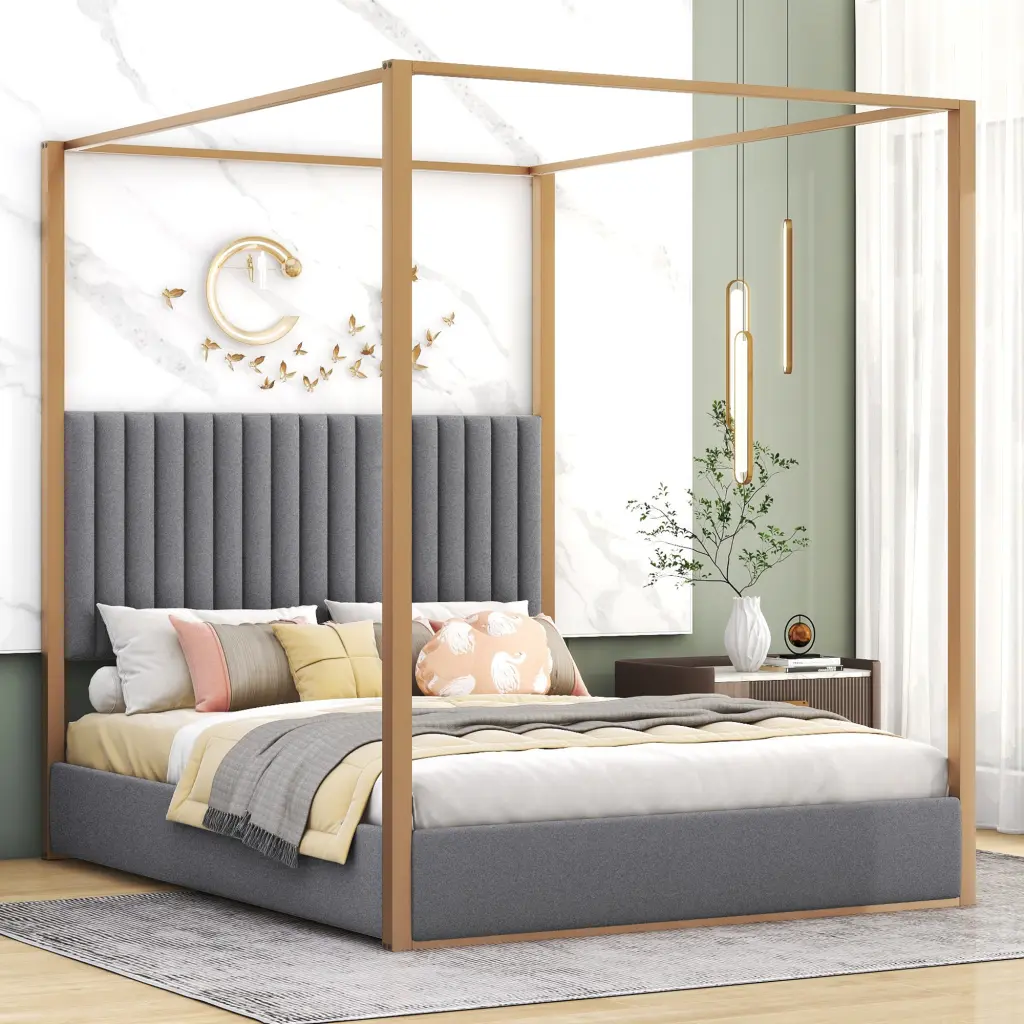 Queen Upholstered Canopy Platform Bed Headboard and Metal Frame wm store