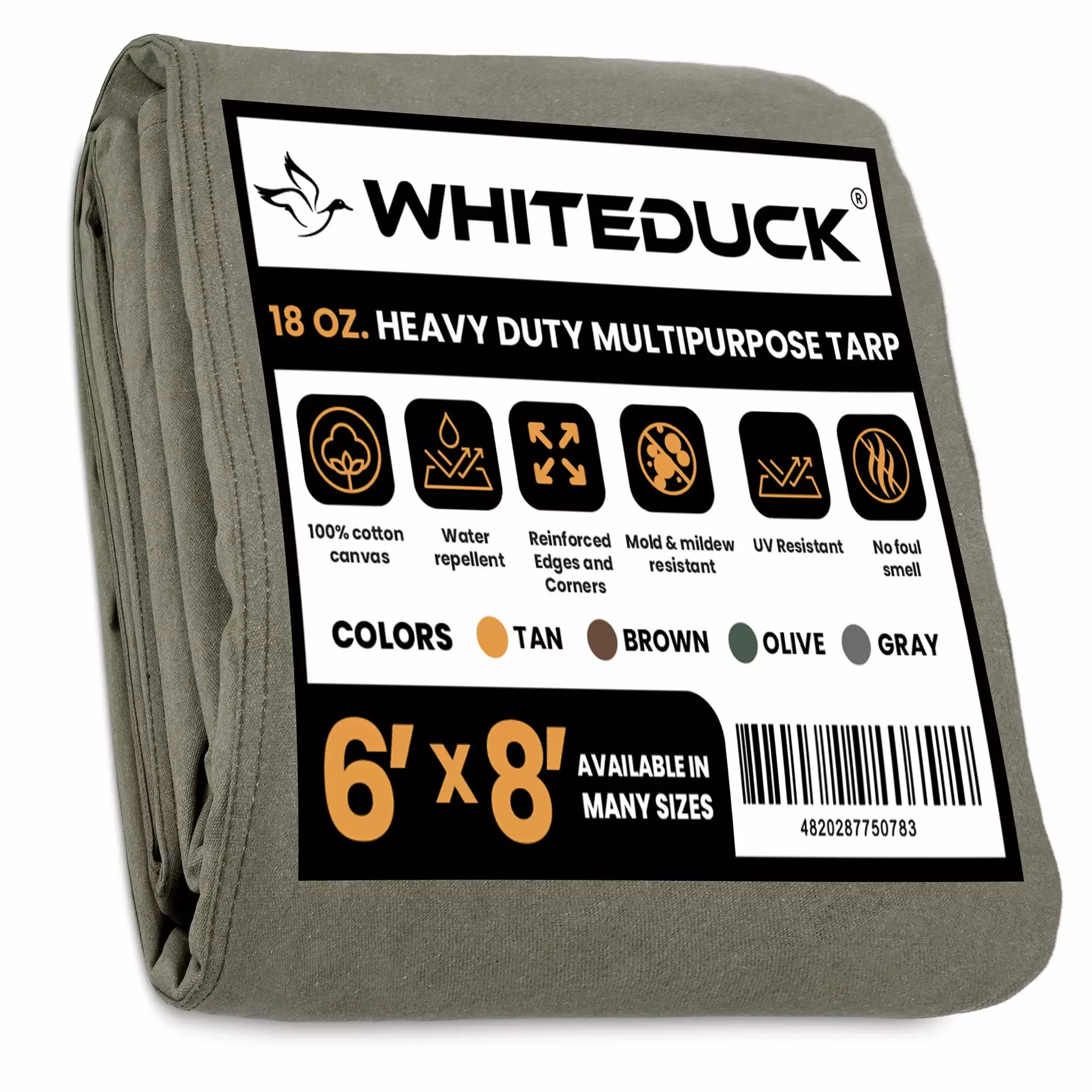 WHITEDUCK Olive 6'x8' 100% Canvas Tarp and Cover Waterproof Heavy Duty 18 oz w/Rustproof Grommets 10
