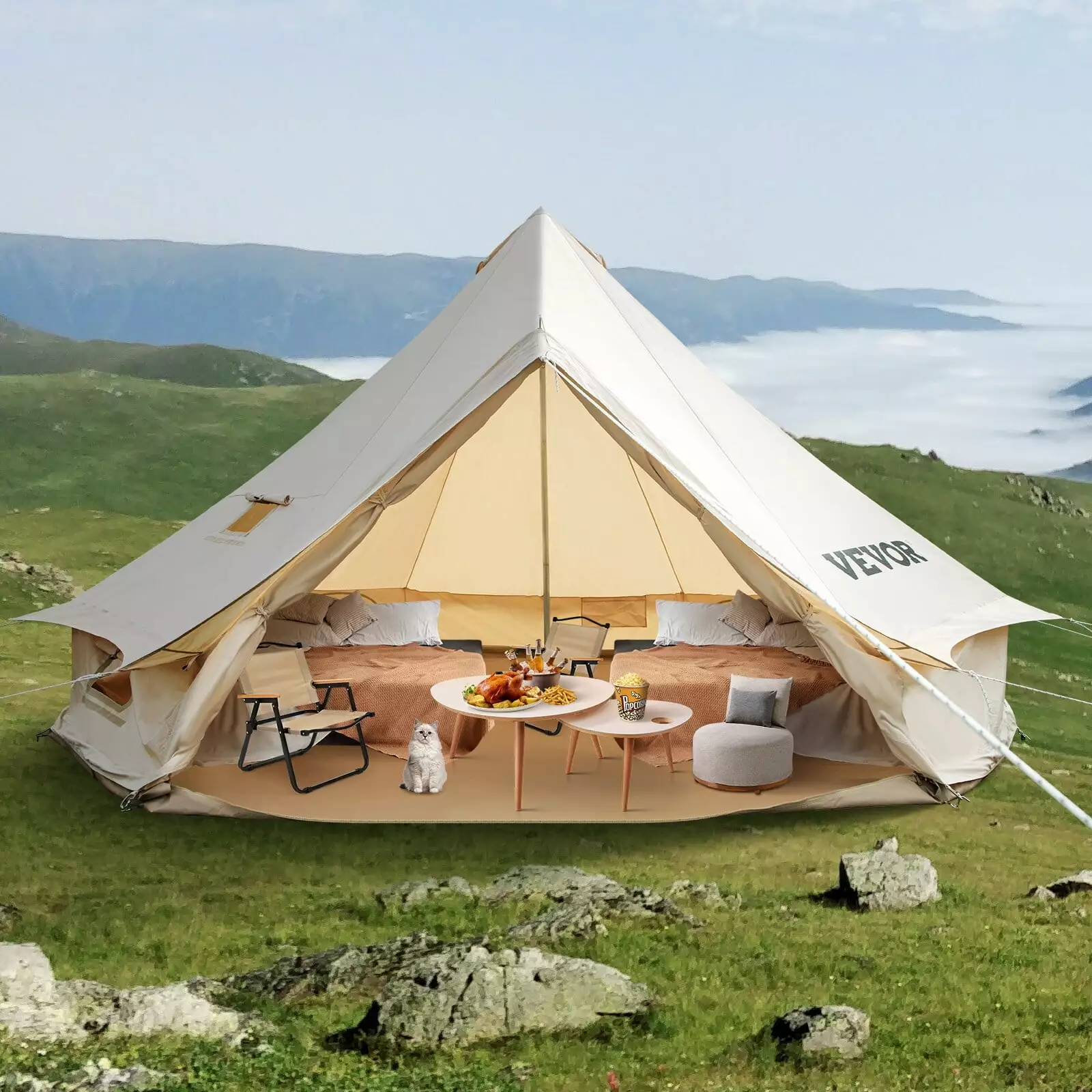 VEVOR Canvas Tent 4 Seasons Breathable 100% Cotton Canvas Yurt Tent Stove Jack 7M 3m