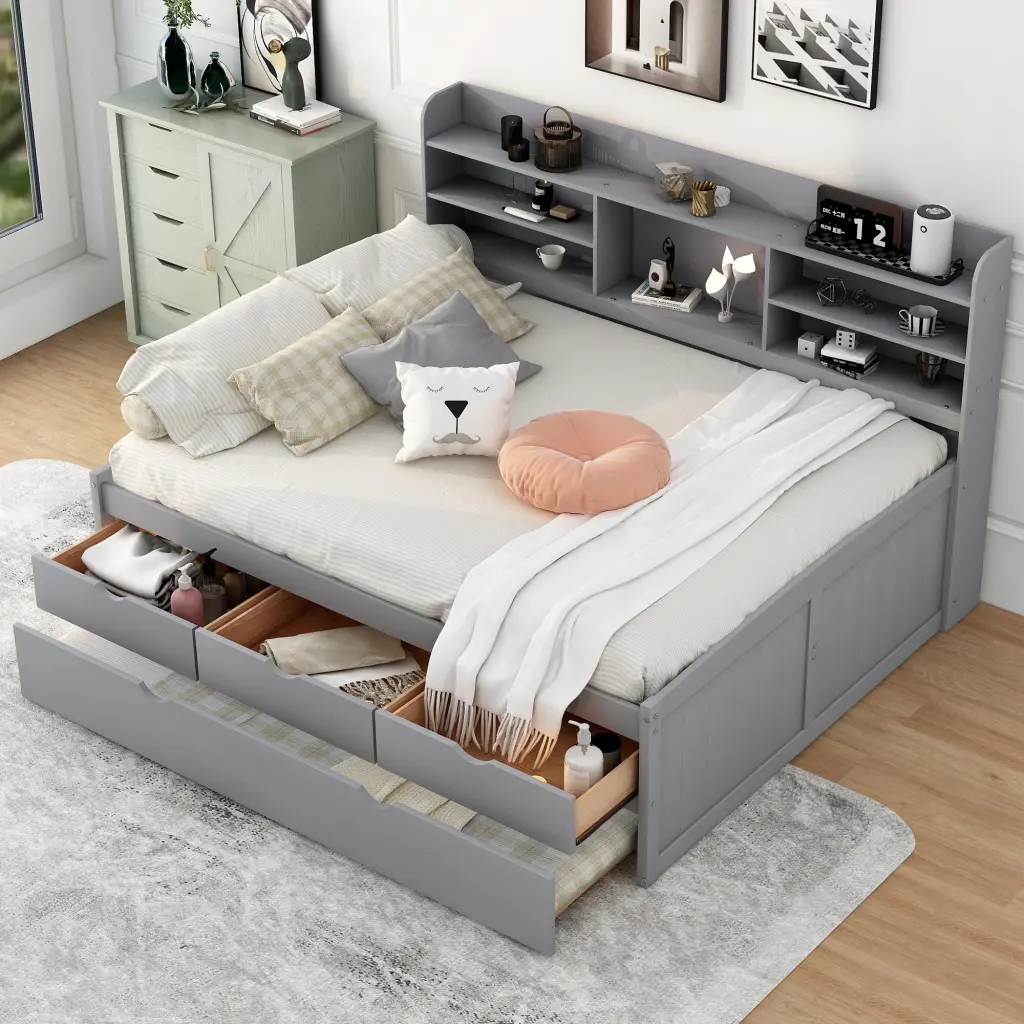 Full Dimensions Timber Captain Bed Built Bookshelves Three Storage Drawers wm store