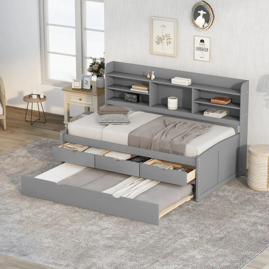 Twin Size Wooden Captain Bed Built- Bookshelves and Three Storage Drawers wm store
