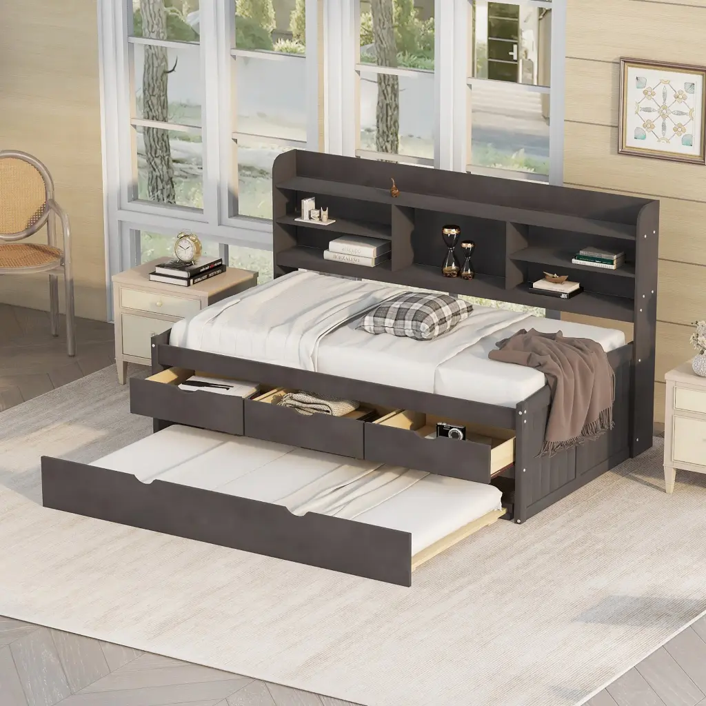 Twin Wooden Captain Bed Built- Bookshelves and Three Storage Drawers wm store