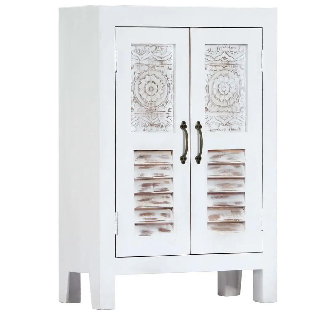 White Carved Sideboard Solid Mango Wood 23.6x11.8x35 Inches Dining Room