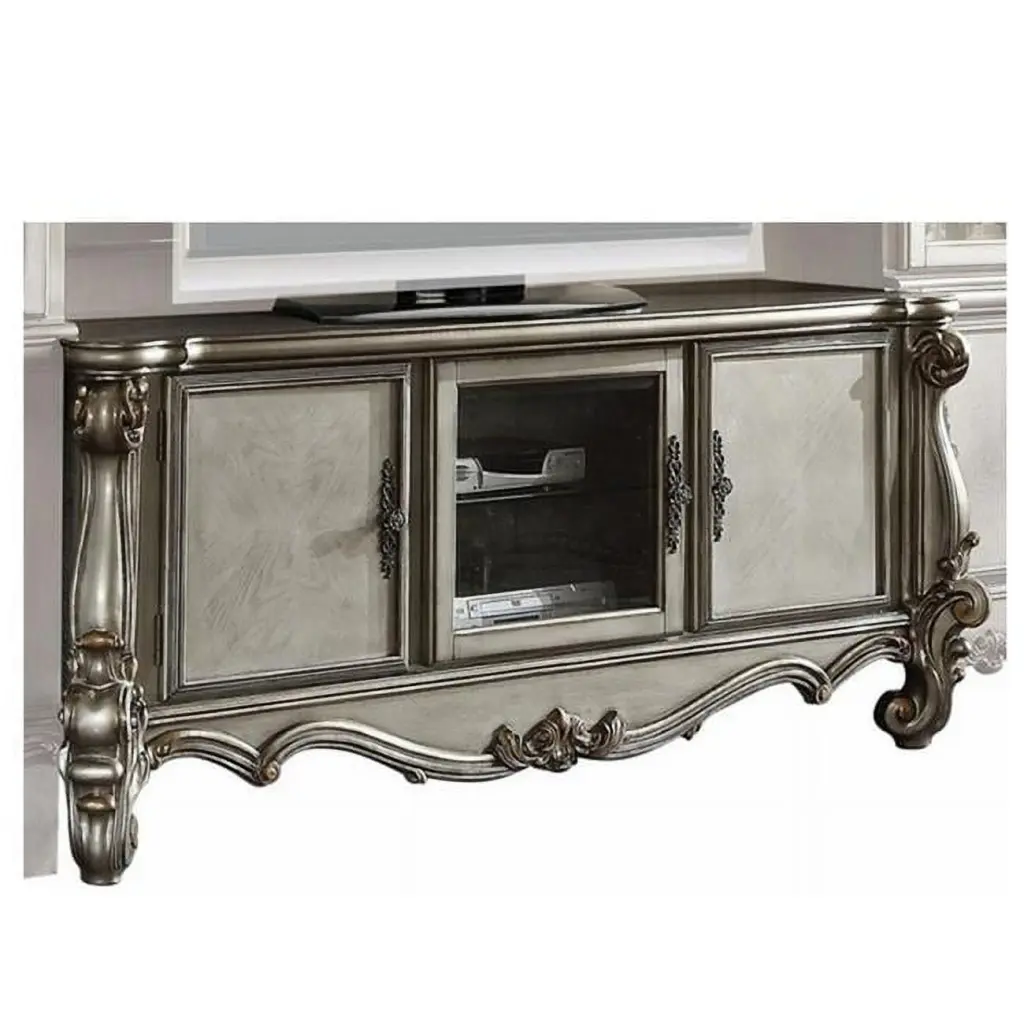 Benjara BM214980 3 Door Wooden TV Stand Scrolled Legs Silver Finish Convenience Concepts