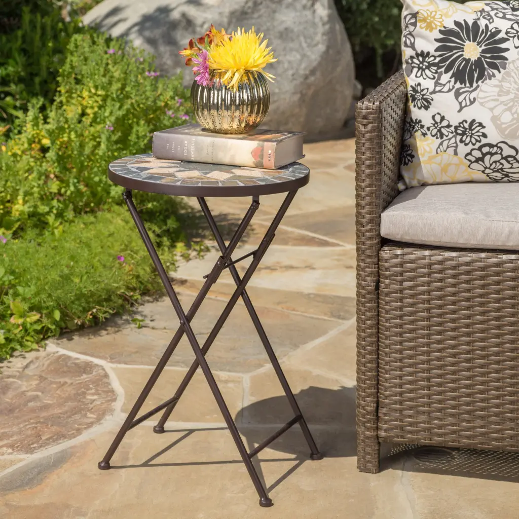 Silvester End Table Beige Black Ceramic Tile Iron Frame Side Table nh-gardenpara