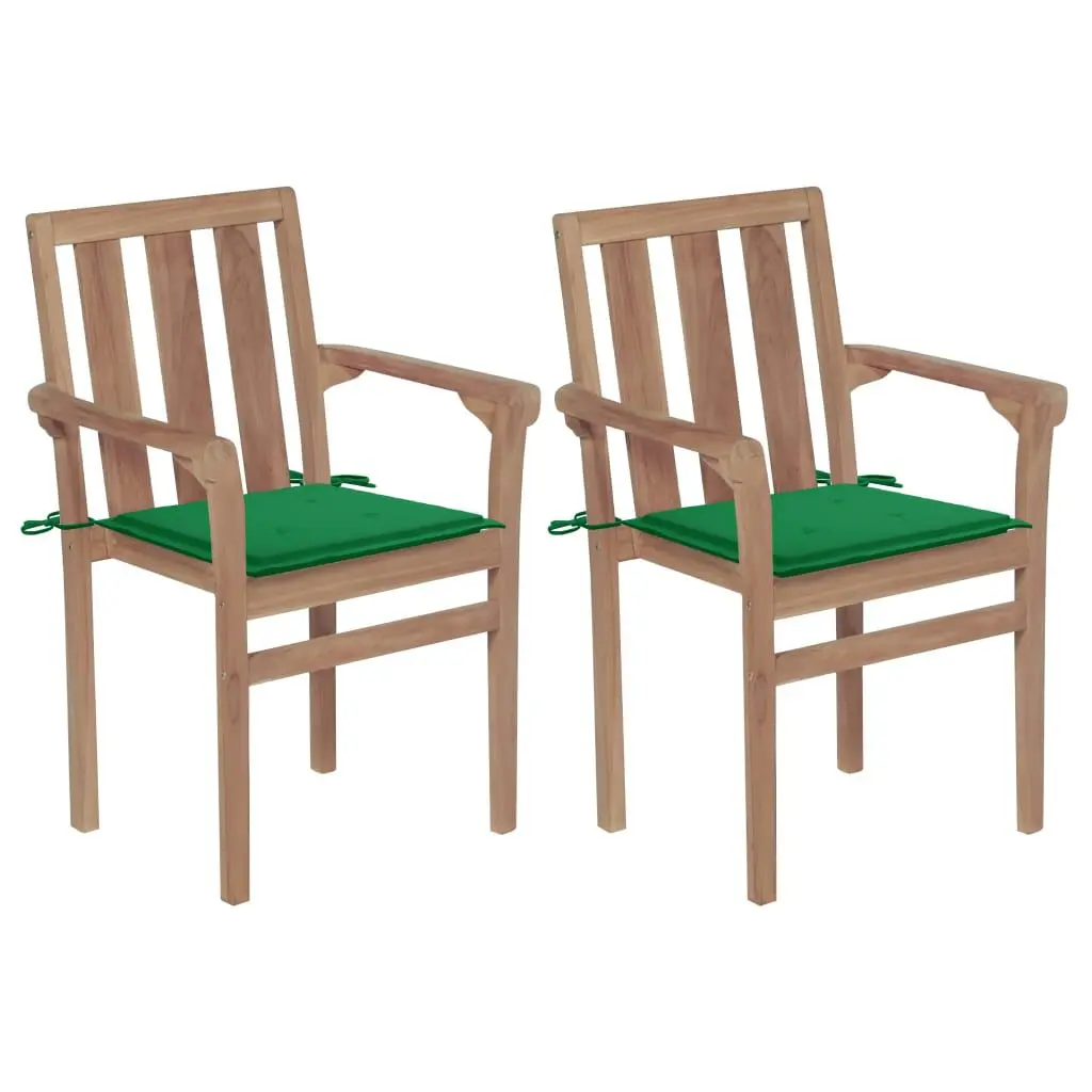2-Piece Patio Chairs Green Cushions Solid Teak Wood Outdoor Furniture Set