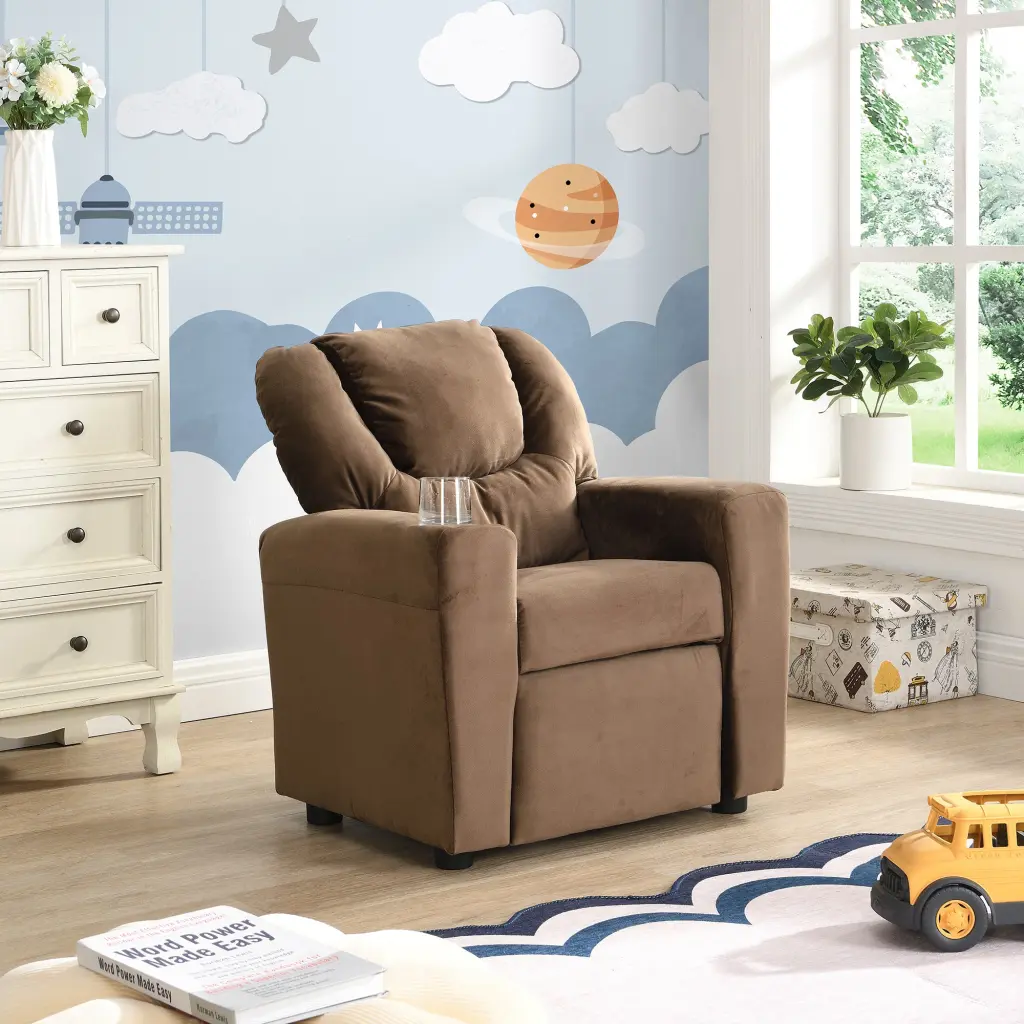 Kids Recliner Chair Upholstered Couch Cup Holder and Footrest beds - sofas