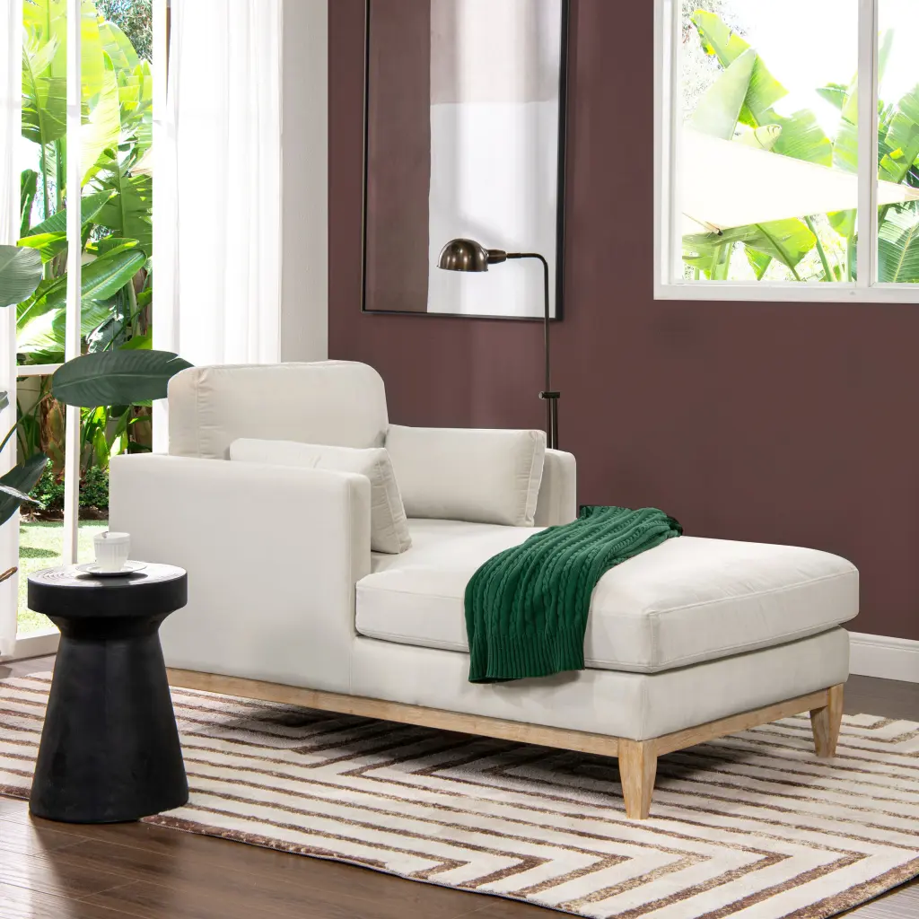 Knox 65 Inch Modern Farmhouse Chaise Lounge Chair French Beige Performance Fabric jennifer taylor home