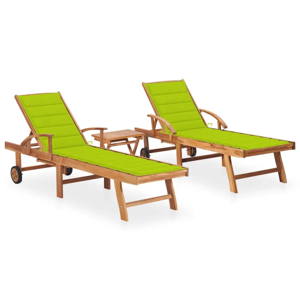 2 Piece Solid Teak Wood Sun Loungers Table and Cushion Outdoor Set