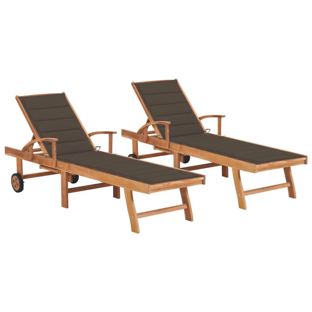 2 Piece Solid Teak Wood Sun Loungers Taupe Cushion Outdoor Set