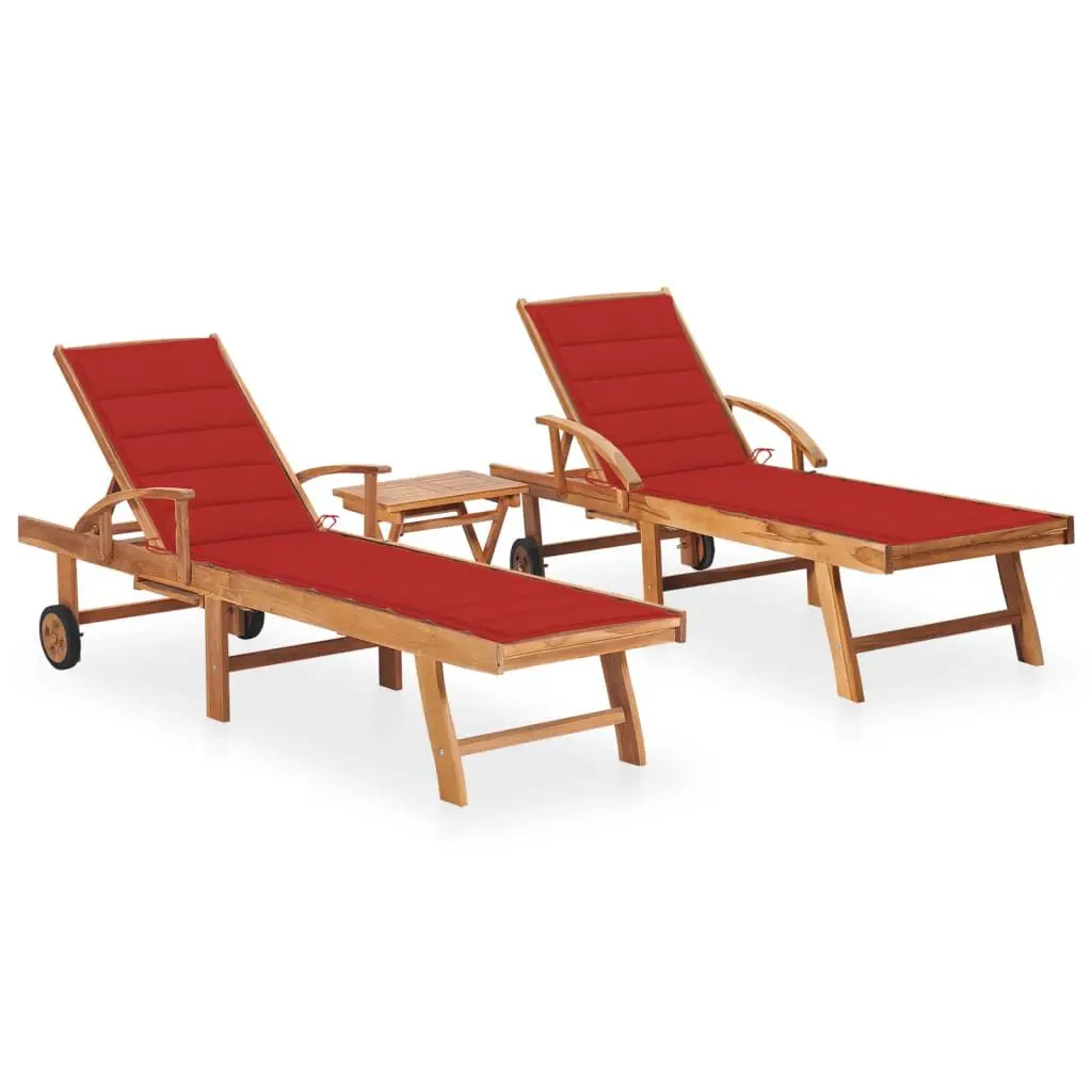 2 Piece Solid Teak Wood Sun Loungers Table and Cushion Outdoor Furniture Set