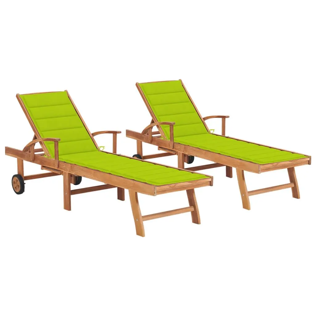 2 Piece Solid Teak Wood Sun Loungers Bright Green Cushion Outdoor Set