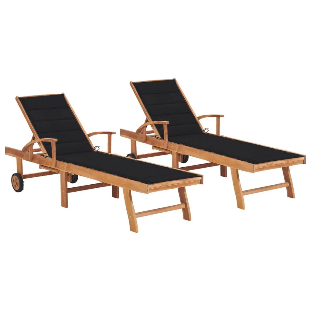 2 Piece Solid Teak Wood Sun Loungers Black Cushion Outdoor Furniture Set