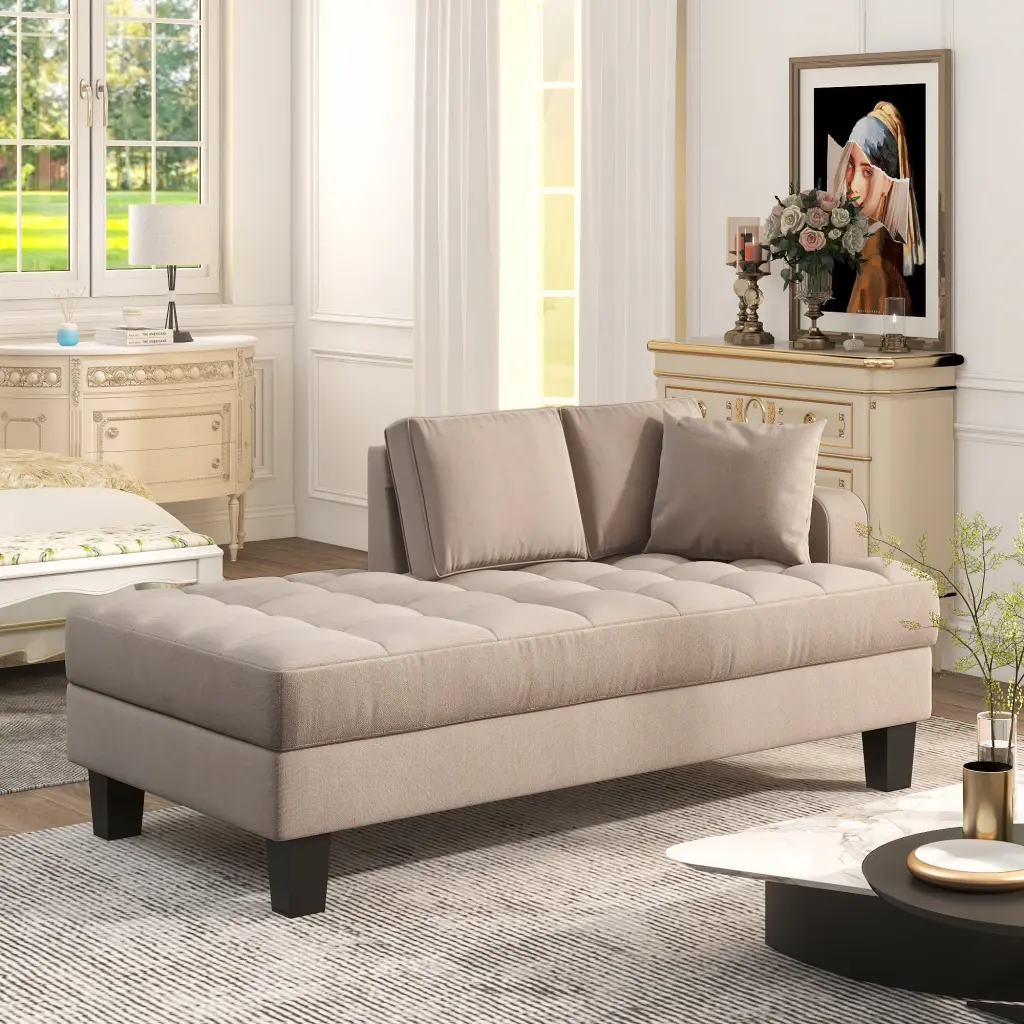 64 Inch Deep Tufted Upholstered Textured Material Chaise Lounge Toss Pillow gt
