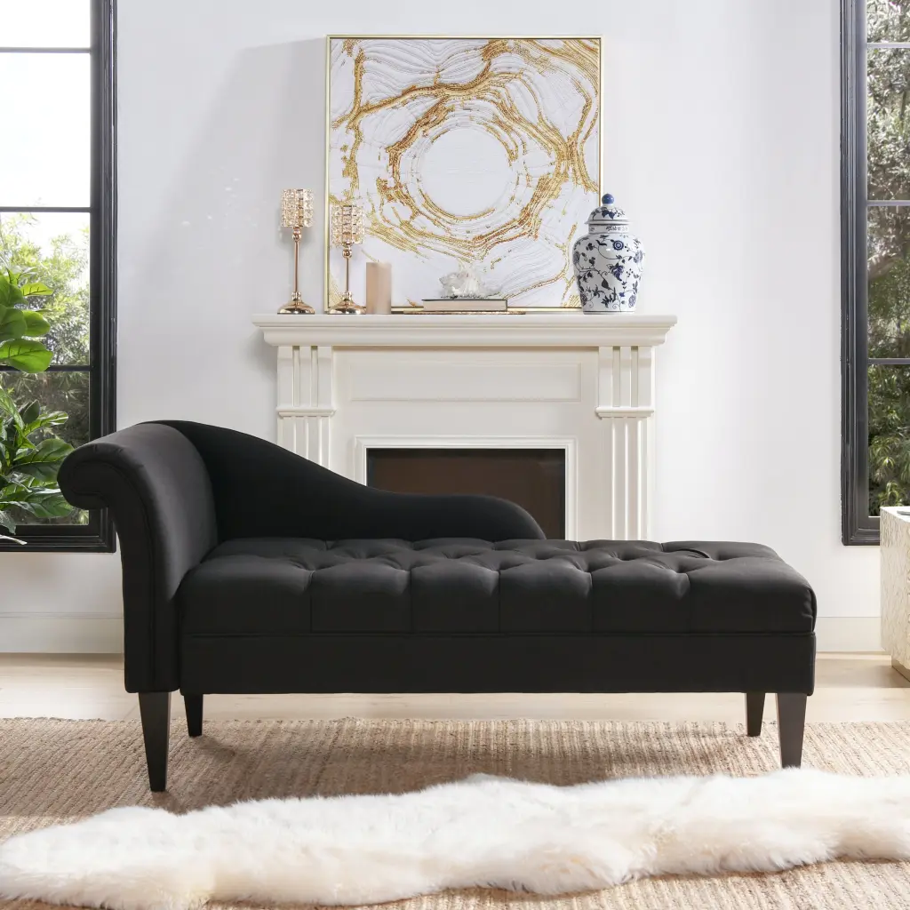 Harrison Tufted Roll Arm Chaise Lounge Jet Black Woven Foam Fabric jennifer taylor home