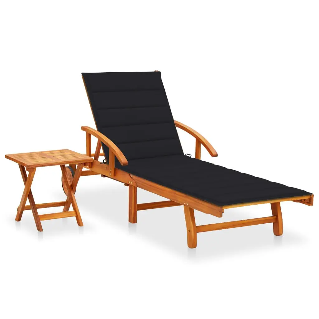 Solid Acacia Wood Patio Sun Lounger Table and Cushion Outdoor Furniture