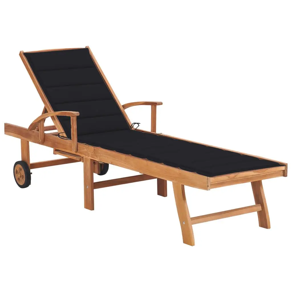 Solid Teak Wood Sun Lounger Black Cushion Outdoor Chaise Lounge