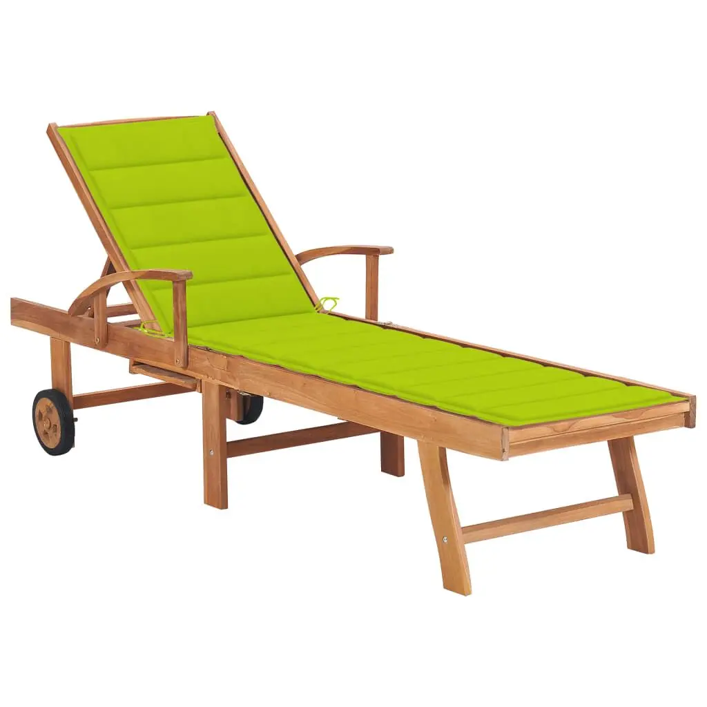 Solid Teak Wood Sun Lounger Bright Green Cushion Outdoor Chaise Lounge