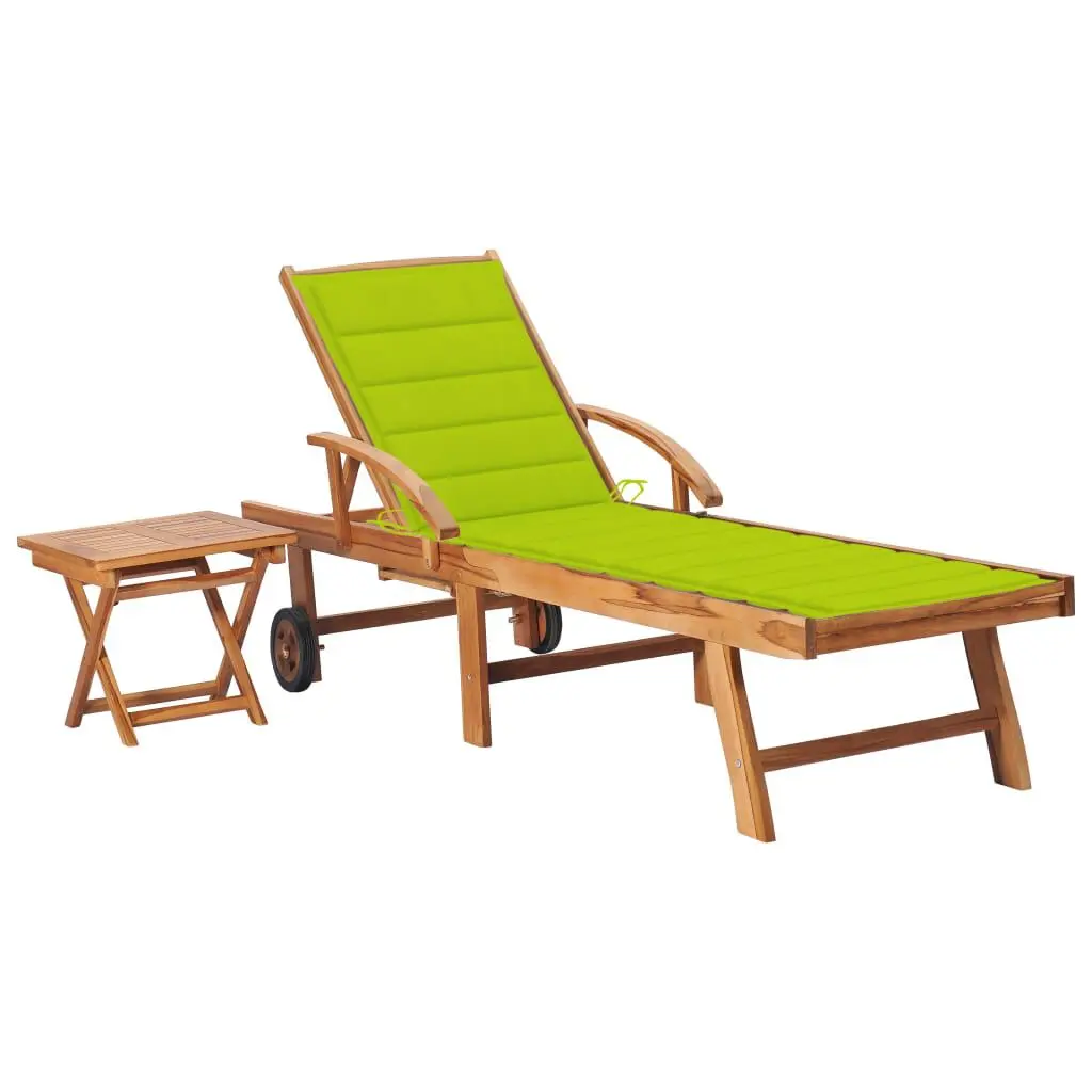 Solid Teak Wood Sun Lounger Table and Cushion Outdoor Chaise Lounge