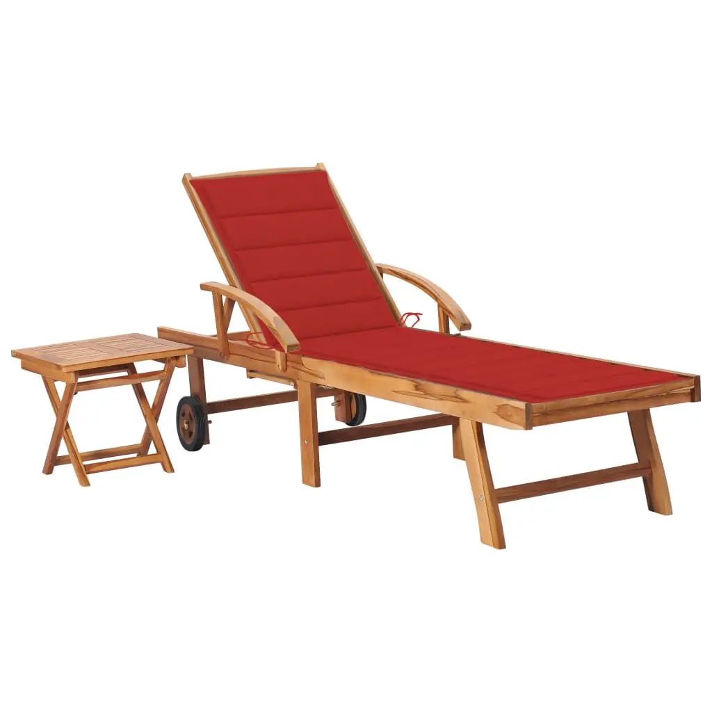 Solid Teak Wood Sun Lounger Table and Cushion Outdoor Recliner Chair