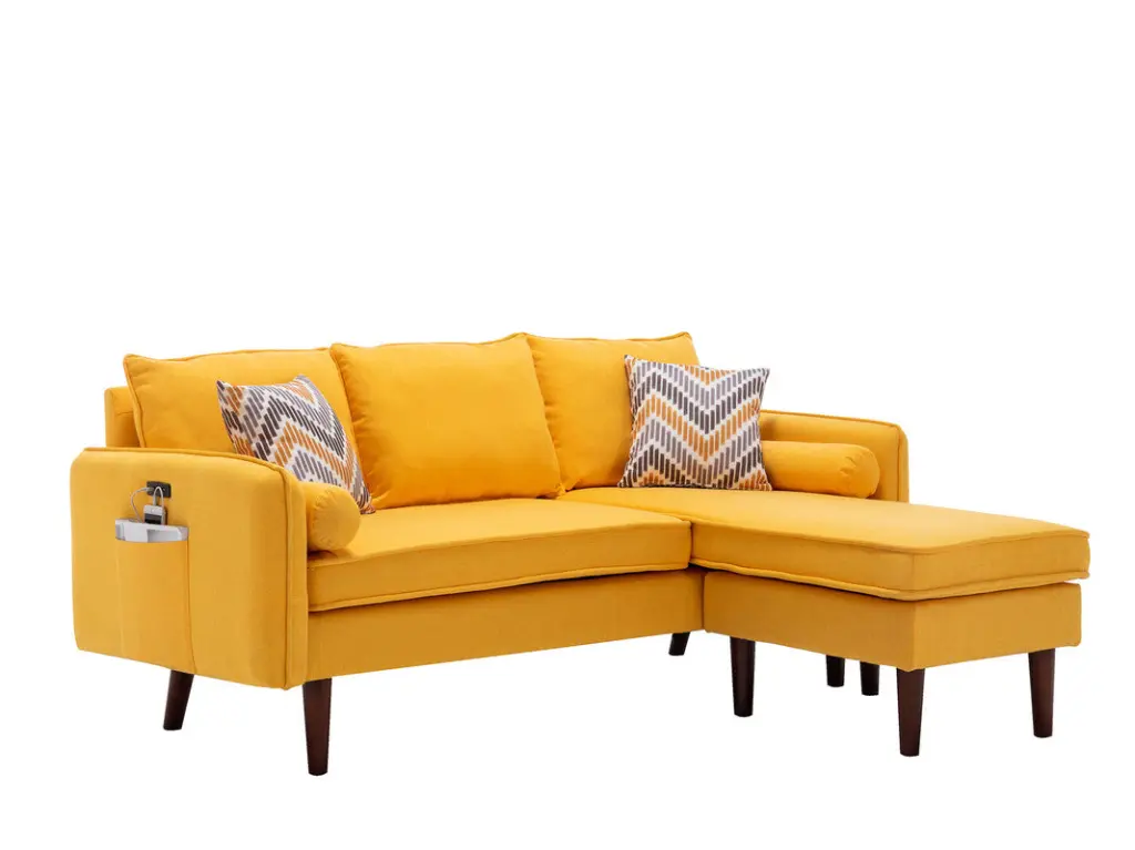Mia 70" Yellow Sectional Sofa Chaise USB Charger and Pillows lilola home