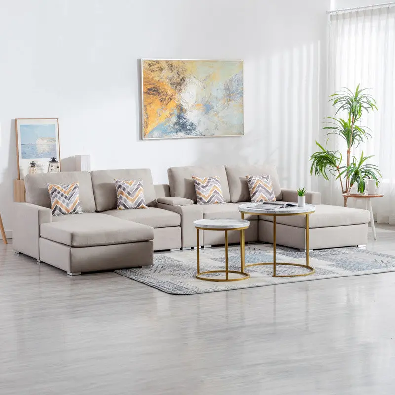 Nolan 135 Inch Beige Linen 5PC Double Chaise Sectional Sofa Storage lilola home