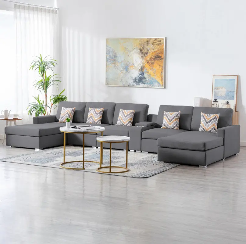 Nolan 163 Inch Gray Linen 6 Piece Double Chaise Sectional Sofa Storage lilola home