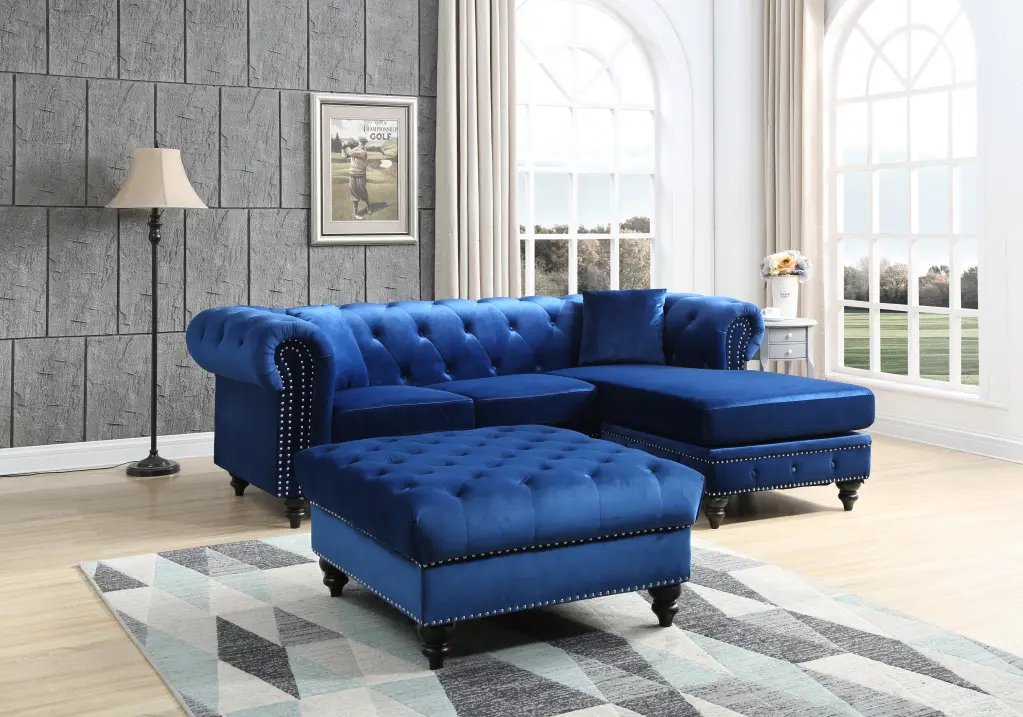 Nola G0351B SC Sofa Chaise 3 Boxes Navy Blue Foam Velvet Modern Living Room Furniture glory furniture