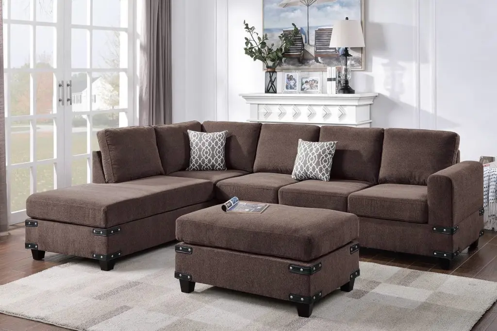 Chocolate Chenille Sectional Ottoman Linen Like Fabric Living Room Set kanepe