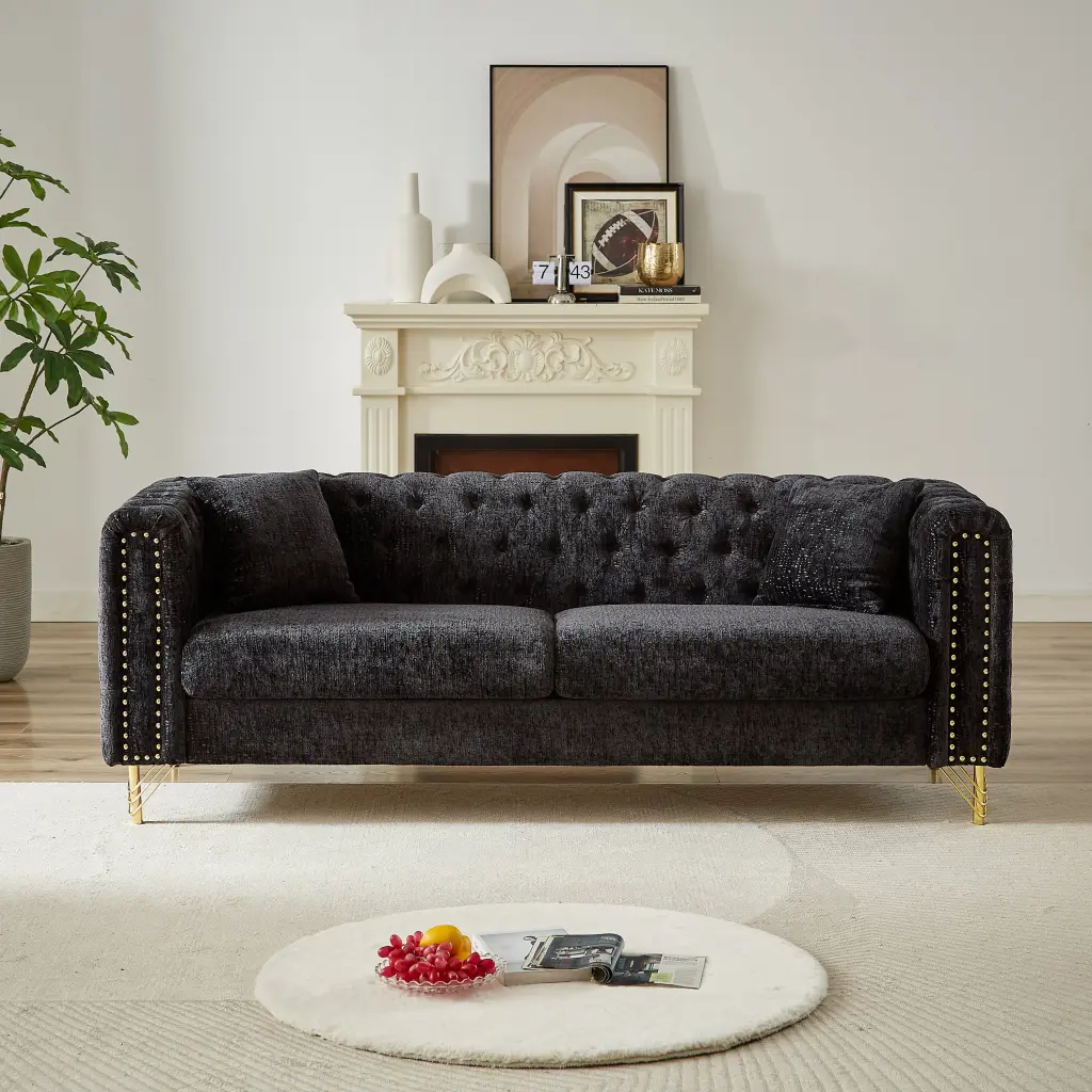 82 Inch Chenille Pull Buckle Design Sofa Living Room Buttons Tufted Comfort Couch welike furniture