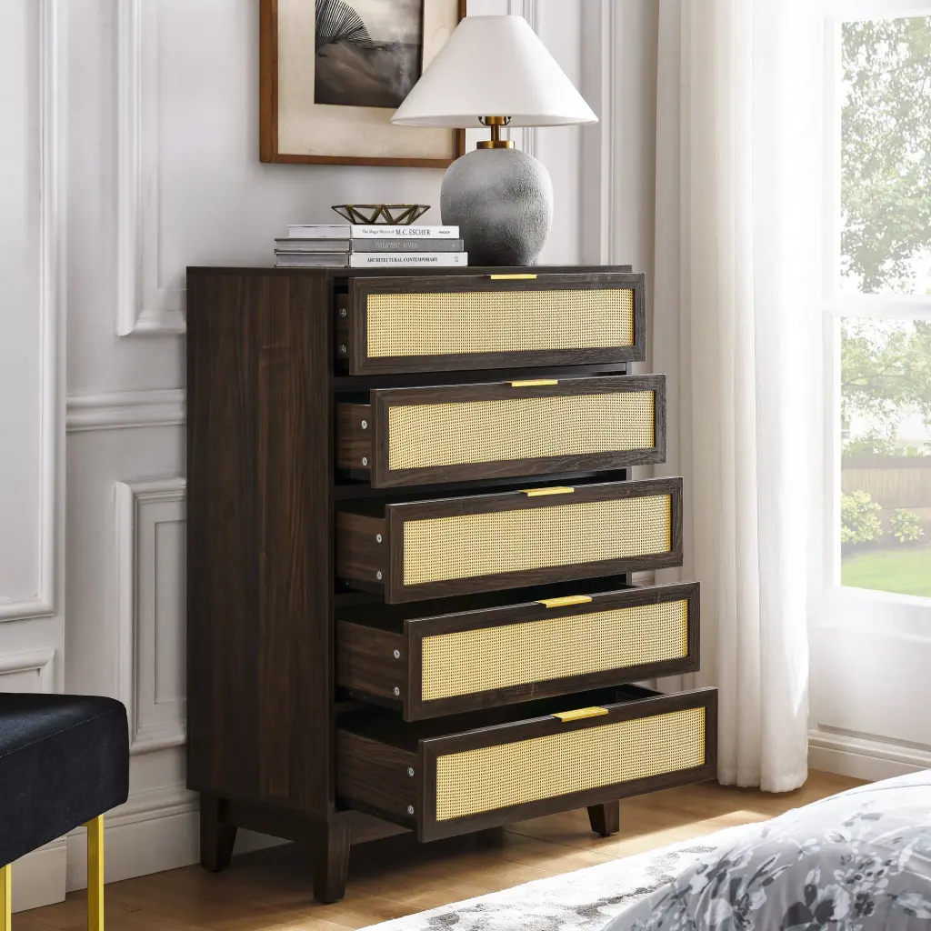 Bedroom 5 Drawer Dresser Rattan Modern Timber Chest Drawers chuangyuan wood industry