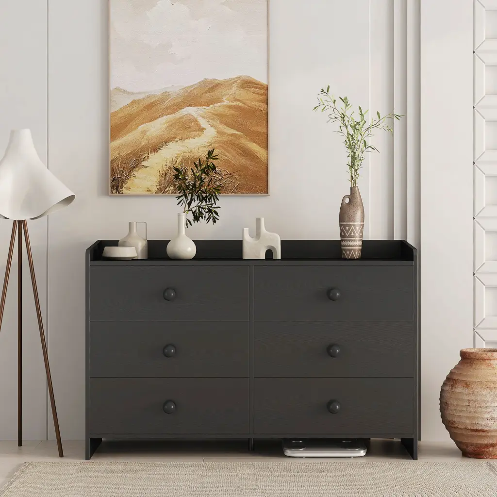 Black 6 Drawer Chest Wide Storage Modern Dresser dasenwood