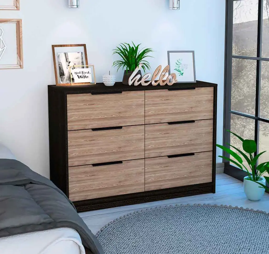Longhill 6 Drawer Rectangle Dresser Black Wengue And Pine Black Particle furniture max