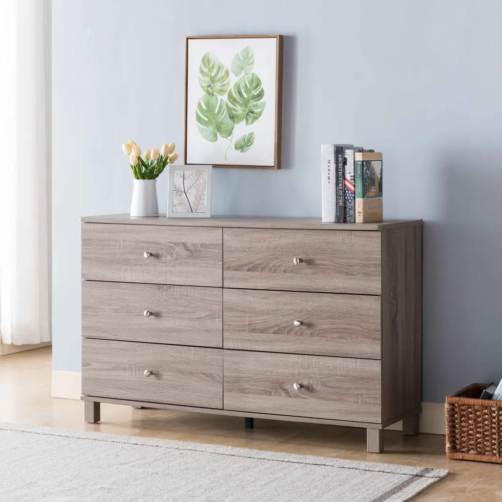Six Drawer Dresser Metal Knob Handles Brown Taupe Finish - Particle Board Construction id international- inc.