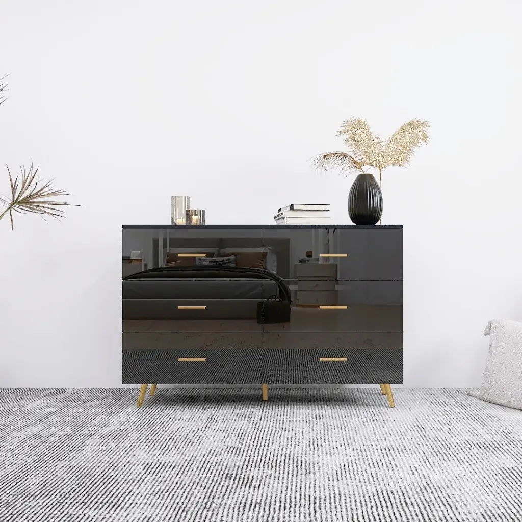 High Glossy Surface 6 Drawers Chest Drawer Golden Handle, Modern Bedroom Dresser rd wood store