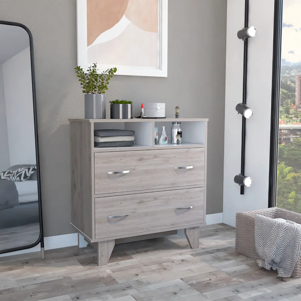Portanova Two Drawer Dresser Two Open Shelves High Quality Top Four Leg Bedroom Furniture tuhome
