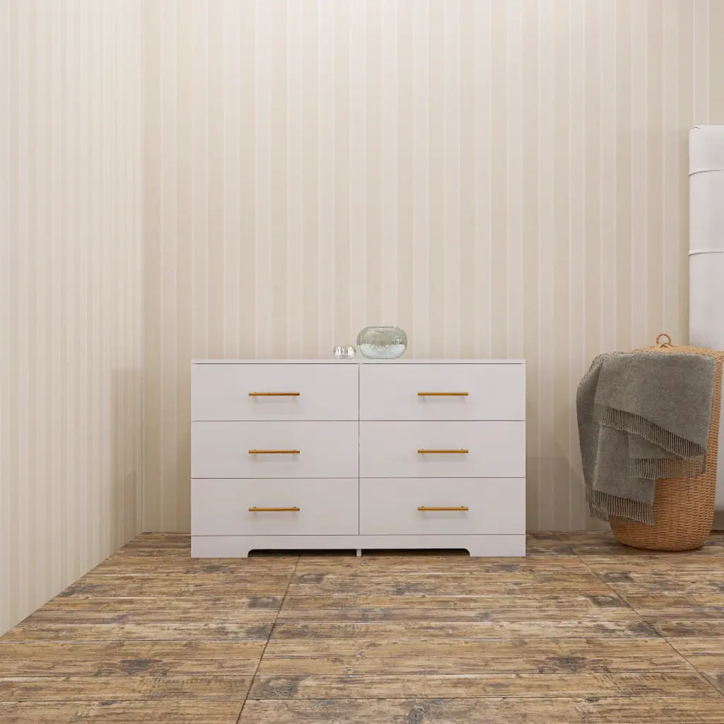 White Large 6 Drawers Chest Drawers Dresser Golden Accents zr furniture