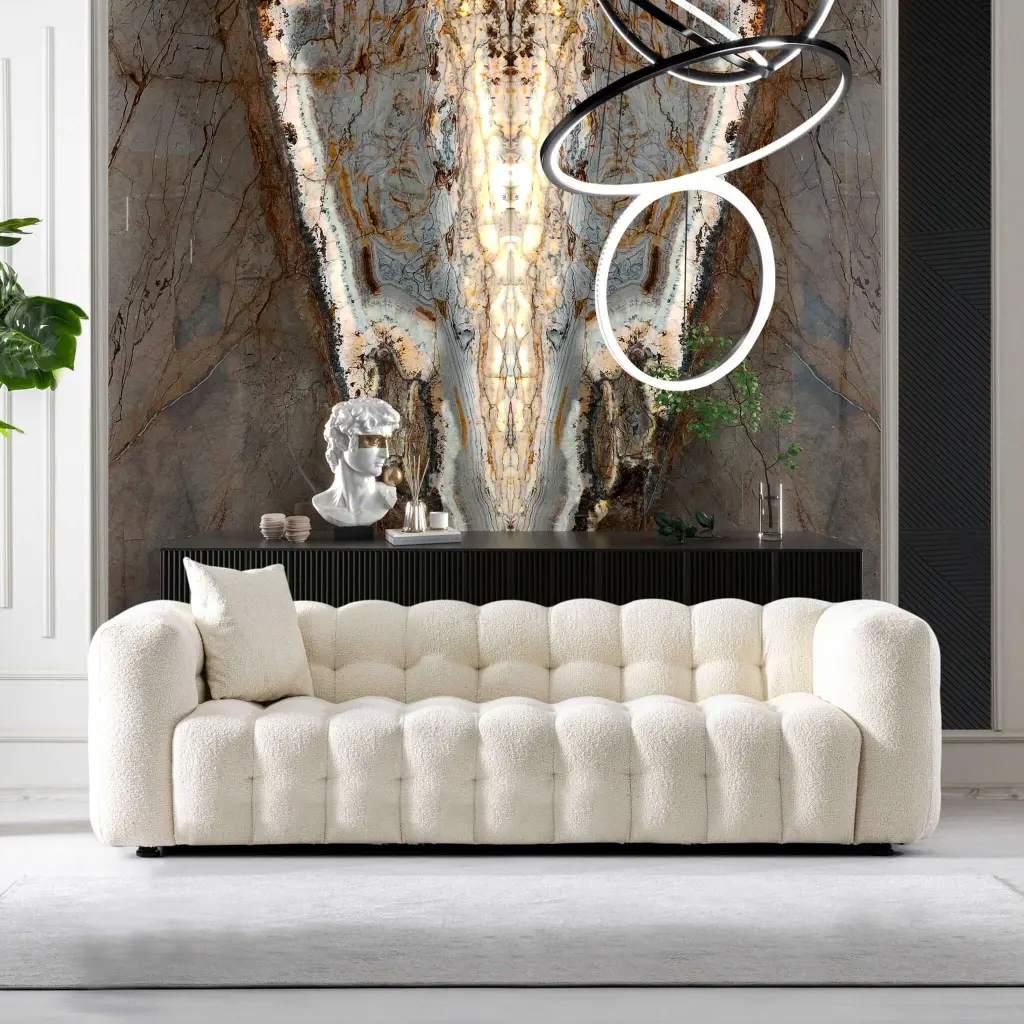 Eden Modern Tufted Chesterfield Boucle Fabric Sofa Cream Brown Wood Living Room ashcroft furniture