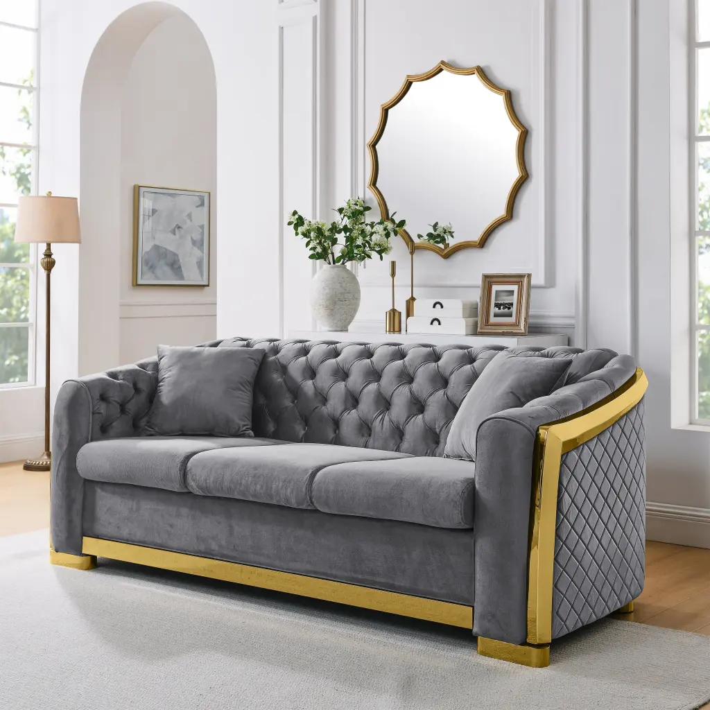 Velvet Premium Chesterfield Sofa Set 84 Inches Tufted 3 Seat Couch Pillows dg chuang ying