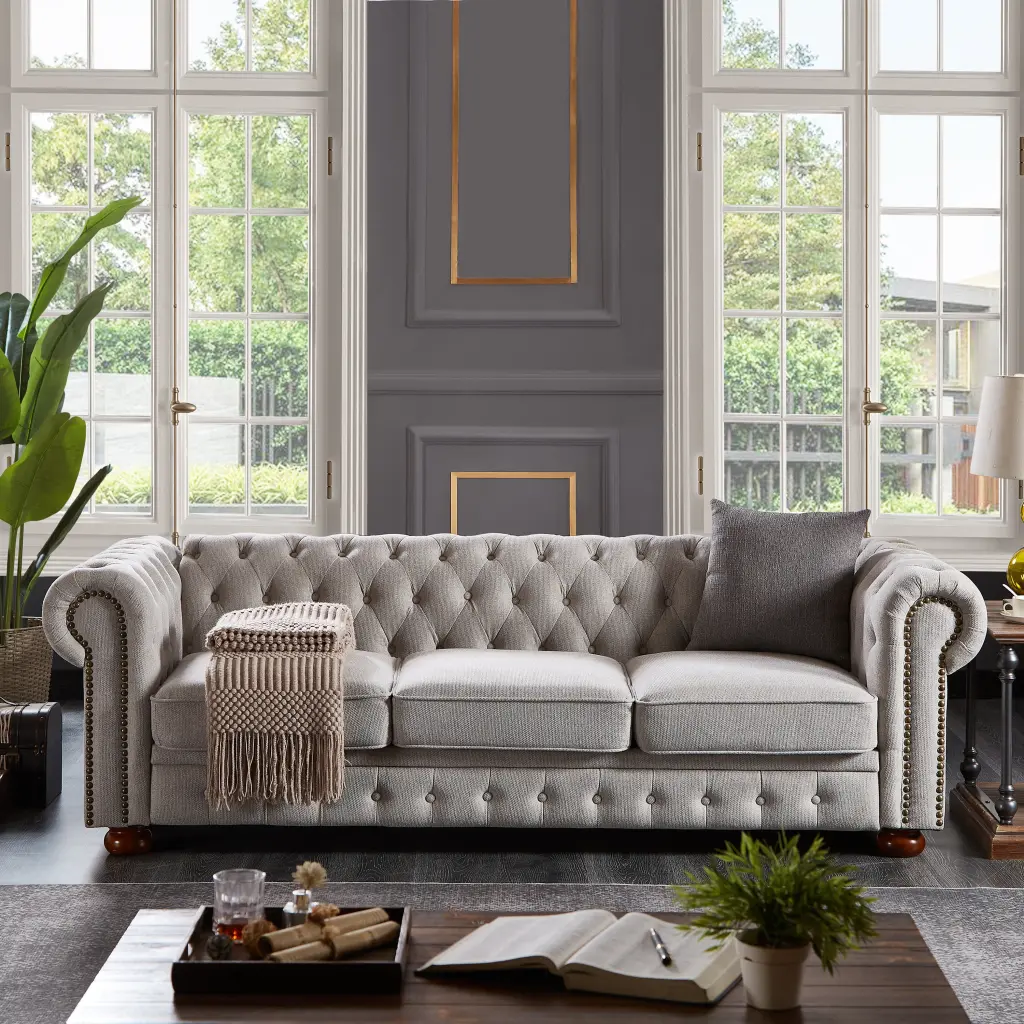 Chesterfield Sofa Linen Fabric Light Grey Foam Cushion hdf store