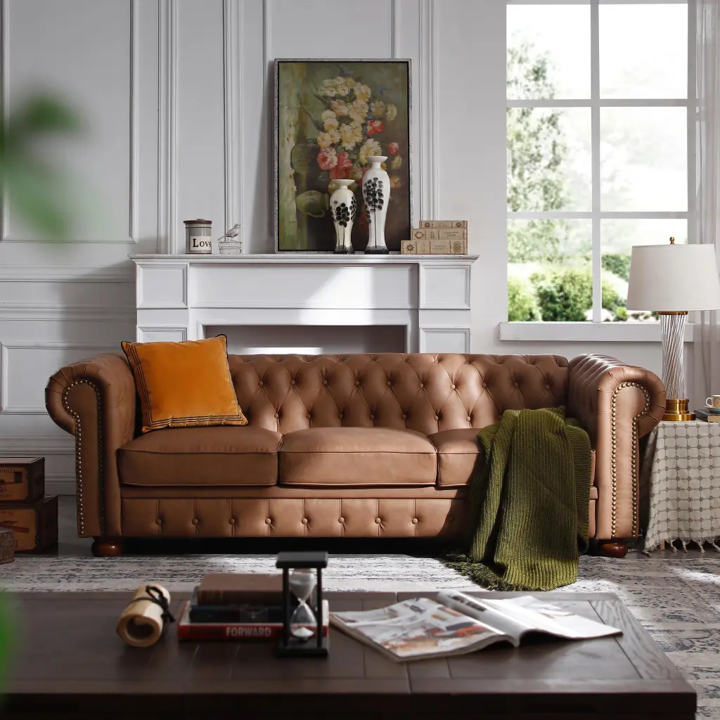Classic Chesterfield Sofa Brown Faux Leather Foam Cushions hdf store