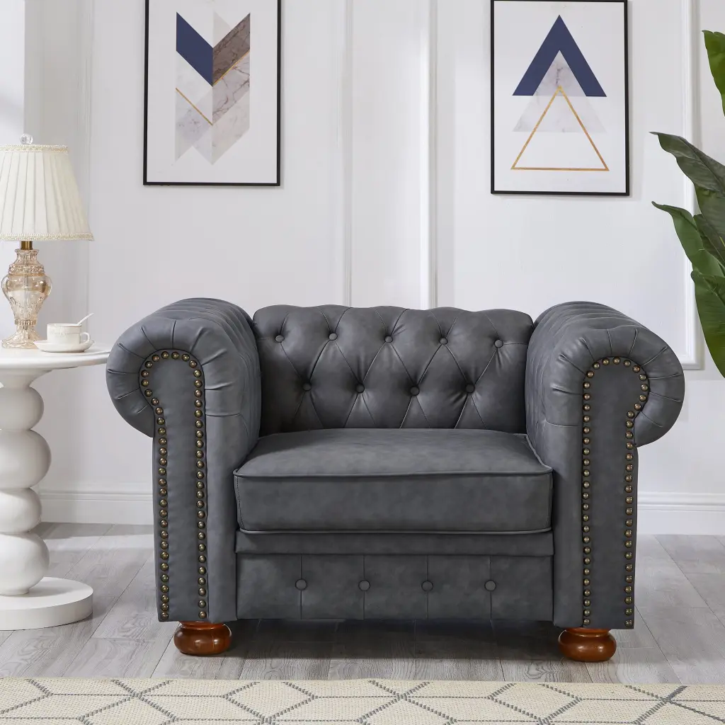 Classic Chesterfield Sofa Chair Grey Faux Hide Living Room Decor hdf store
