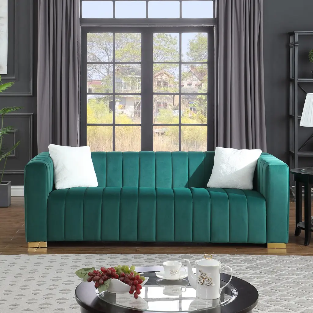 Modern Channel Sofa Dark Green Chesterfield Style Living Room Furniture homarni furnishings inc.---w1099