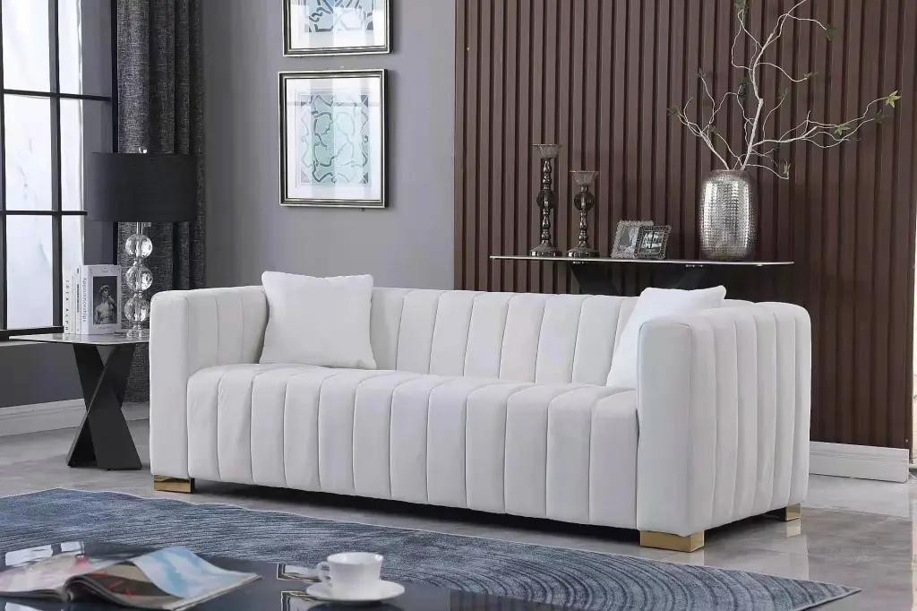 Modern Channel Sofa Traditional Chesterfield Style White 3 Seater homarni furnishings inc.---w1099
