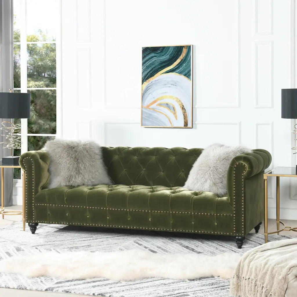 Alto 88 Inch Tufted Chesterfield Sofa Olive Green Performance Velvet jennifer taylor home