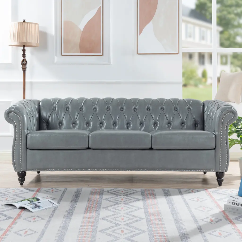 84.65 Rolled Arm Chesterfield 3 Seater Sofa Grey Foam PU rnb