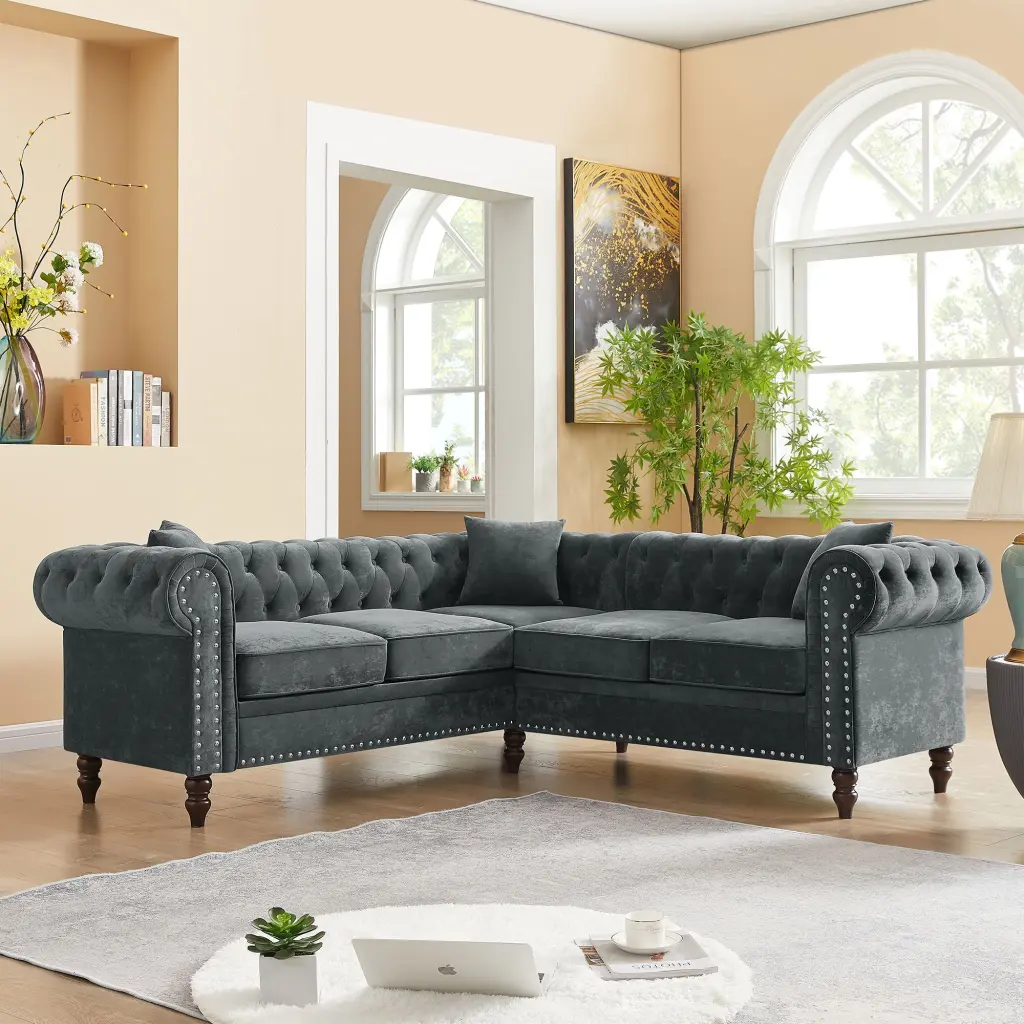 80 Inch Deep Button Tufted Upholstered Chesterfield Sofa Roll Arm Sofa w1193