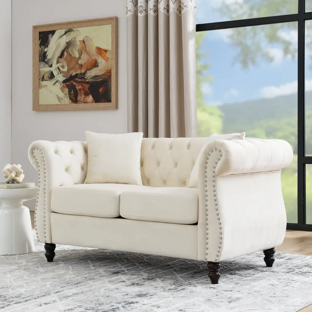 58.8 Inch Chesterfield Sofa Beige Velvet 2 Seater Tufted Living Room welike furniture