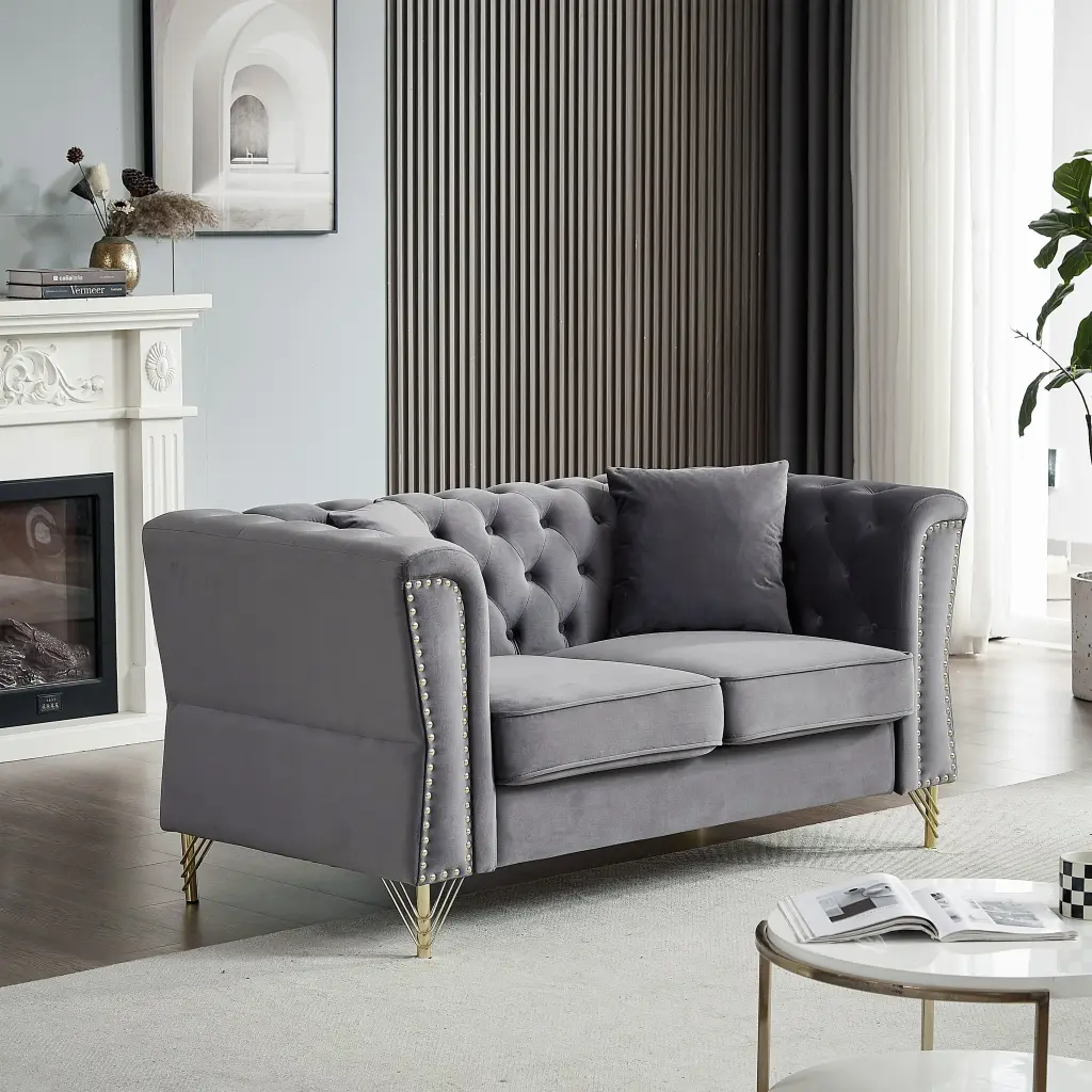 60.2 Inch Chesterfield Sofa Beige Velvet Living Room 2 Seater Tufted Couch welike furniture