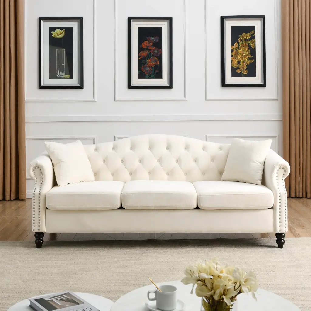 79 Inch Chesterfield Sofa Beige Velvet Living Room 3 Seater Classic Design welike furniture